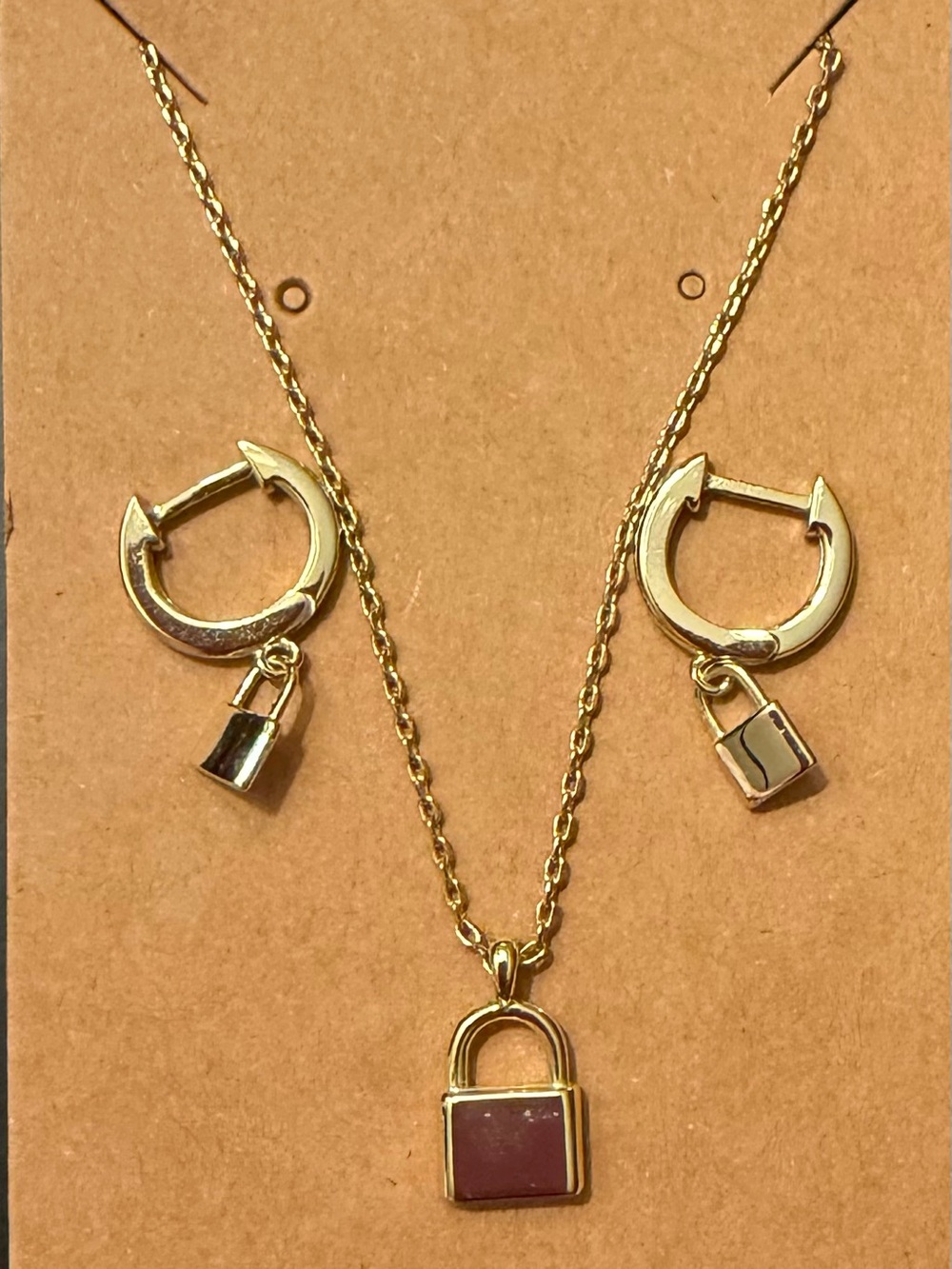Gold Padlock Necklace and Hoop Earring Set